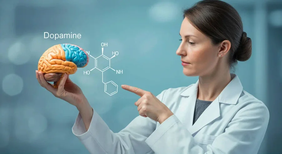Neural dopamine pathways illuminated, representing the brain's reward system and digital addiction mechanisms