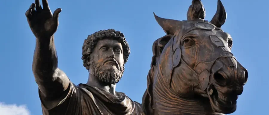 Ancient Stoic philosophy symbolized by a serene marble column against a blue sky, representing wisdom, resilience and inner peace