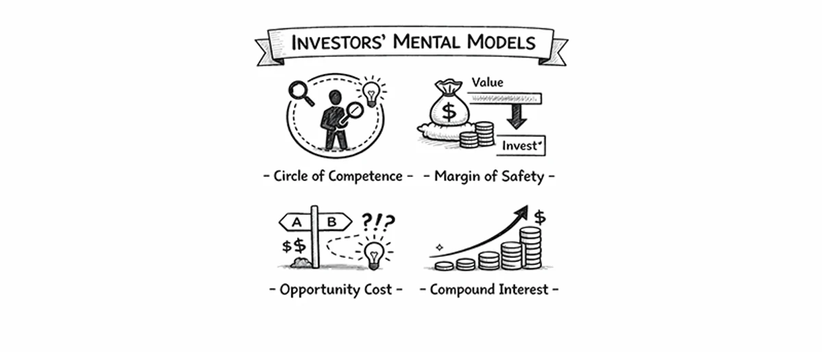 Mental models for investing — the thinking frameworks used by Buffett and Munger including moats, Mr. Market, margin of safety, and circle of competence
